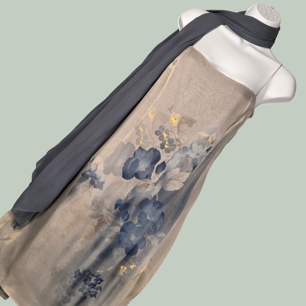 Luca Luca Women IT 46 US 10 Floral Silk Slip Dress with Scarf Taupe Blue VTG 90s